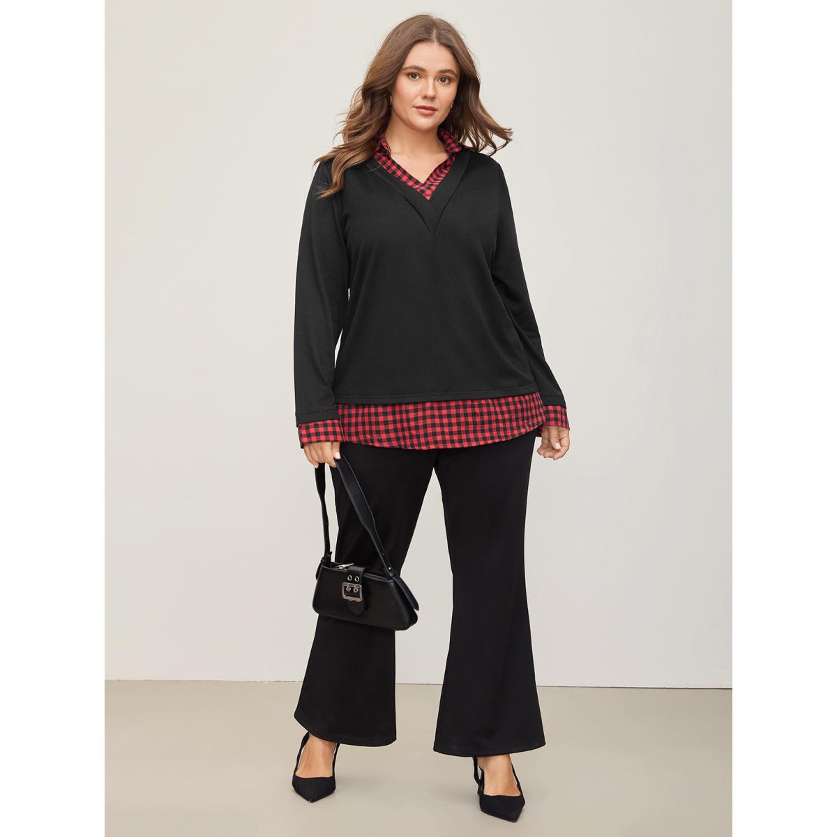 Plus Size Gingham Patchwork Shirt Collar Arc Hem Sweatshirt Women Multicolor Leisure Patchwork V-neck Casual Sweatshirts BloomChic 30/6X Product Image