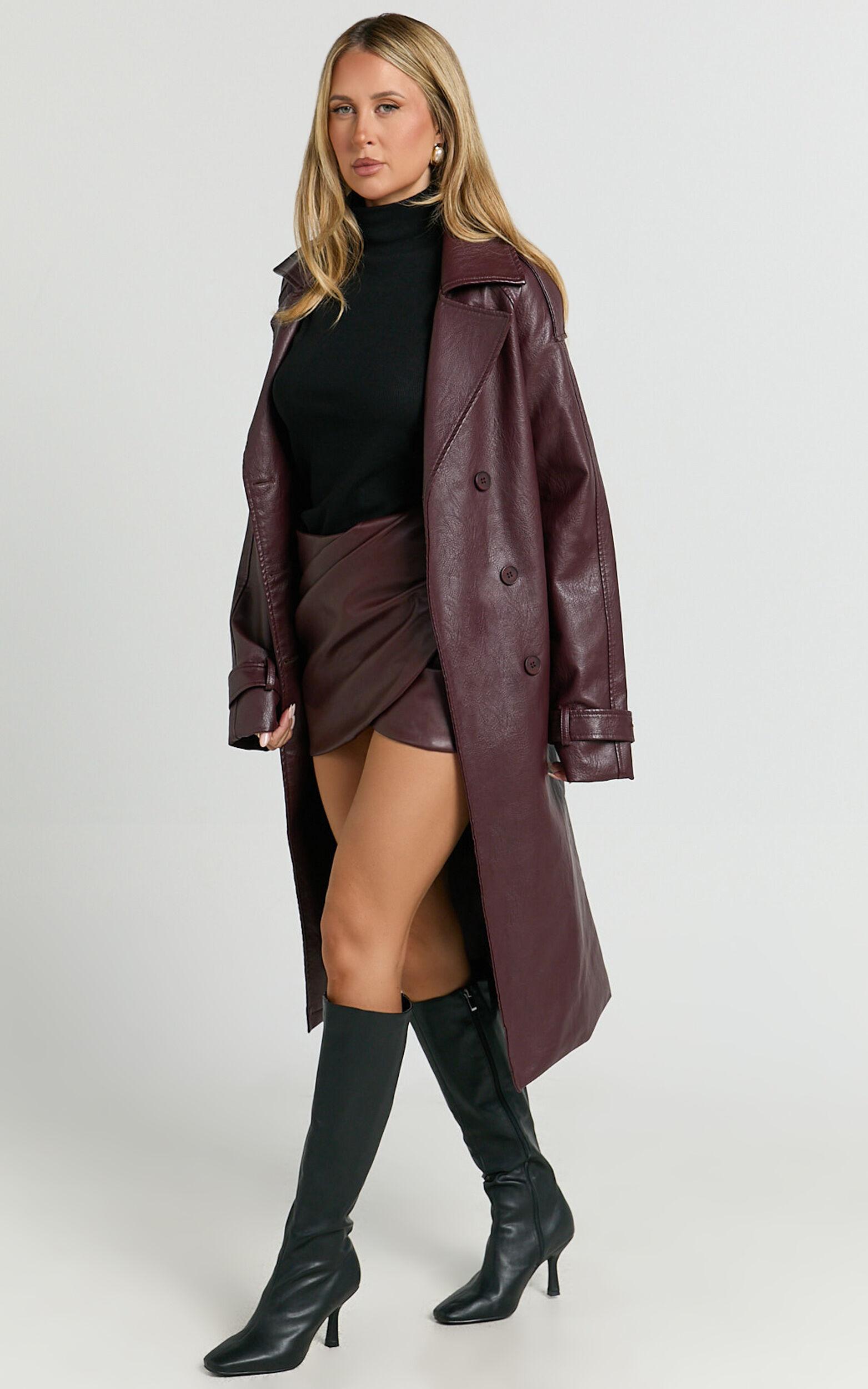 Vicki Trench Coat - Faux Leather Washed Trench Coat in Wine Product Image