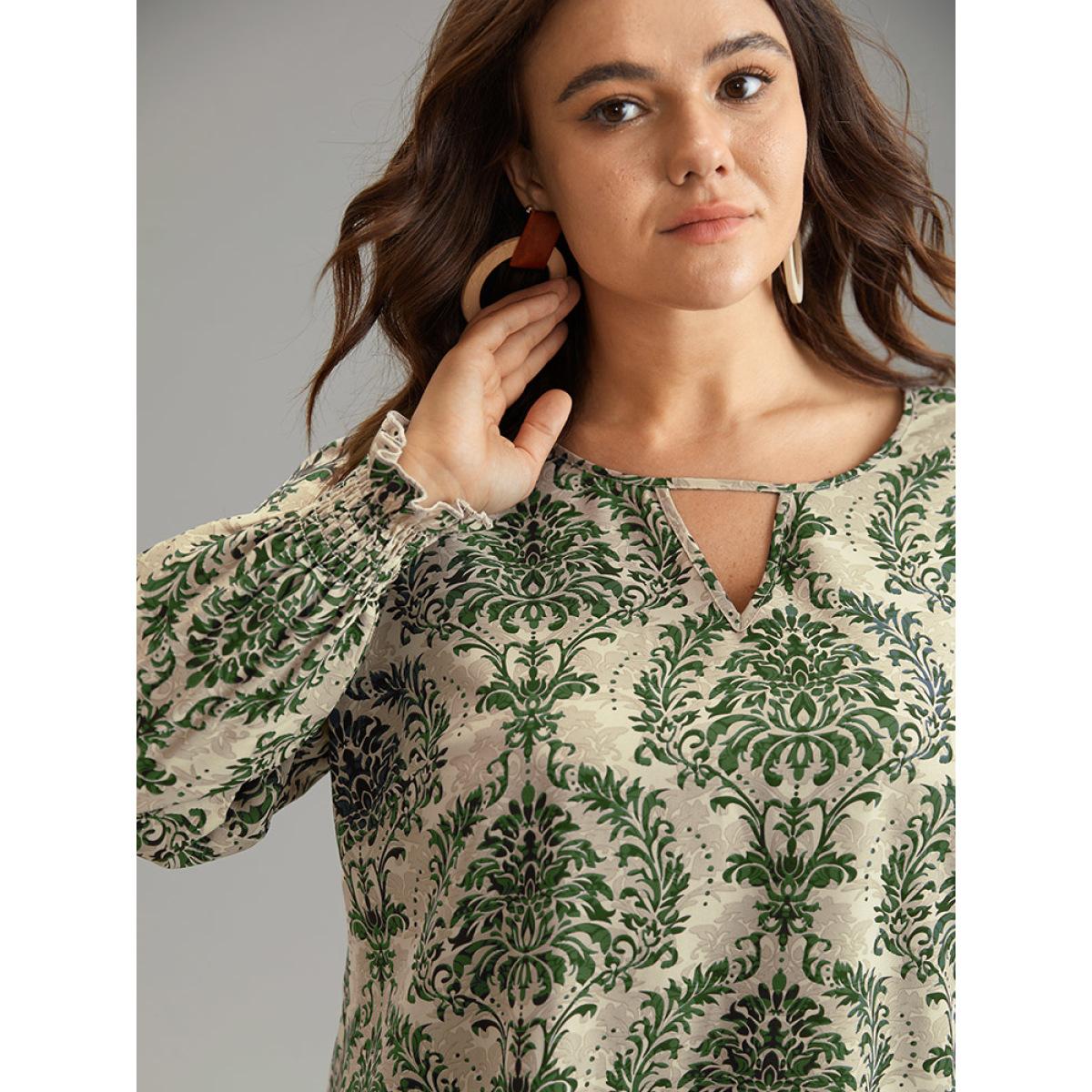 Plus Size Green Bandana Print Keyhole Shirred Lantern Sleeve Blouse Women Vacation Long Sleeve Keyhole Cut-Out Vacation Blouses BloomChic 14-16/1X Product Image