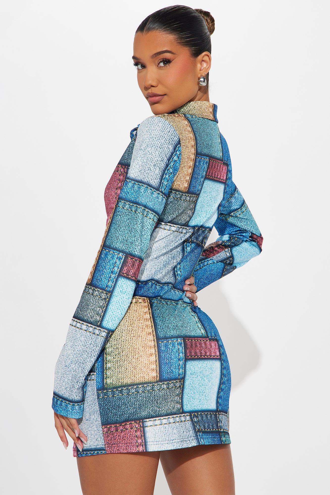 All Patched Up Mini Shirt Dress - Blue/combo Product Image