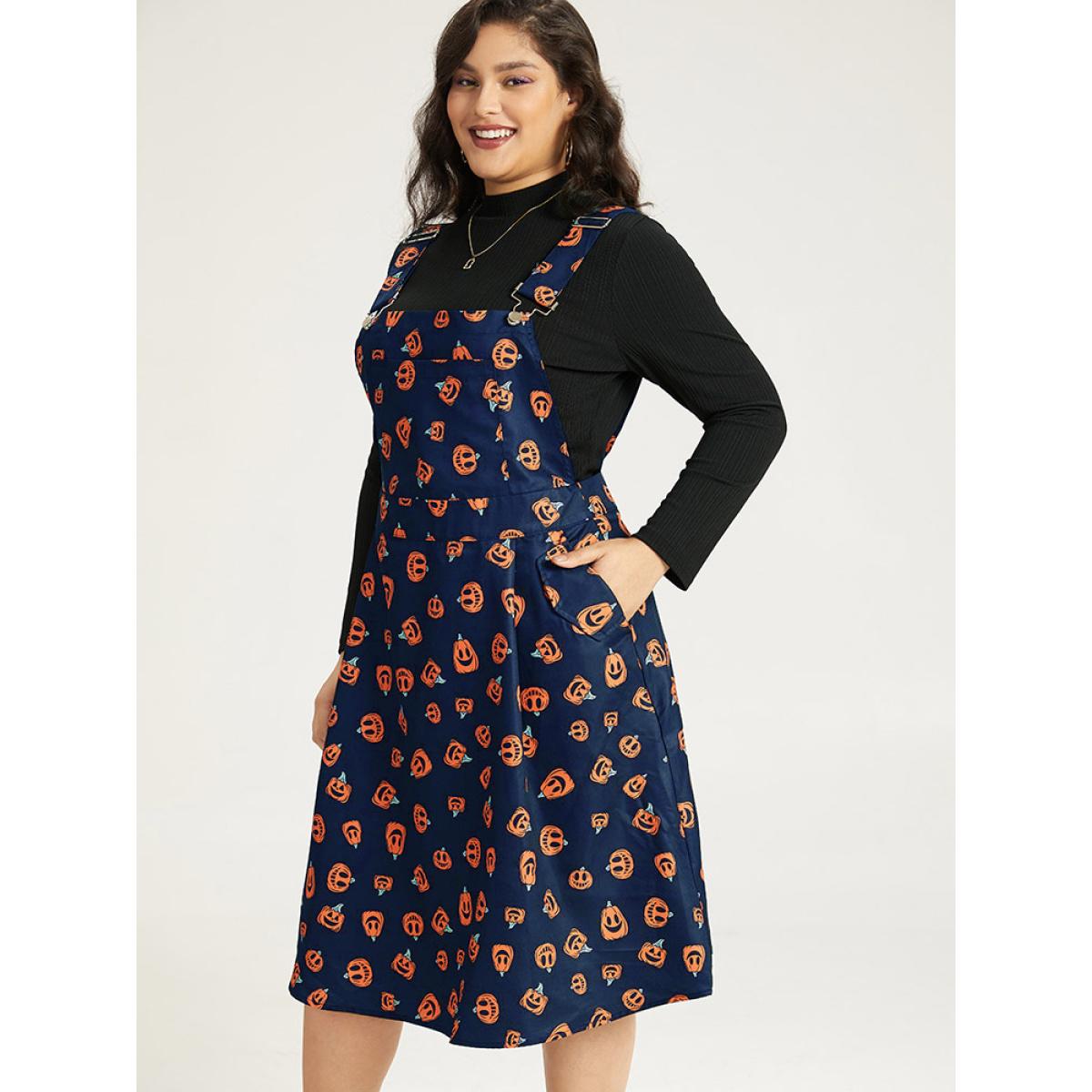 Plus Size Halloween Pocket Pumpkin Print Overall Cami Dress Black Women Playful Adjustable Straps Spaghetti Strap Sleeveless Curvy Midi Dress BloomChic 18-20/2X Product Image
