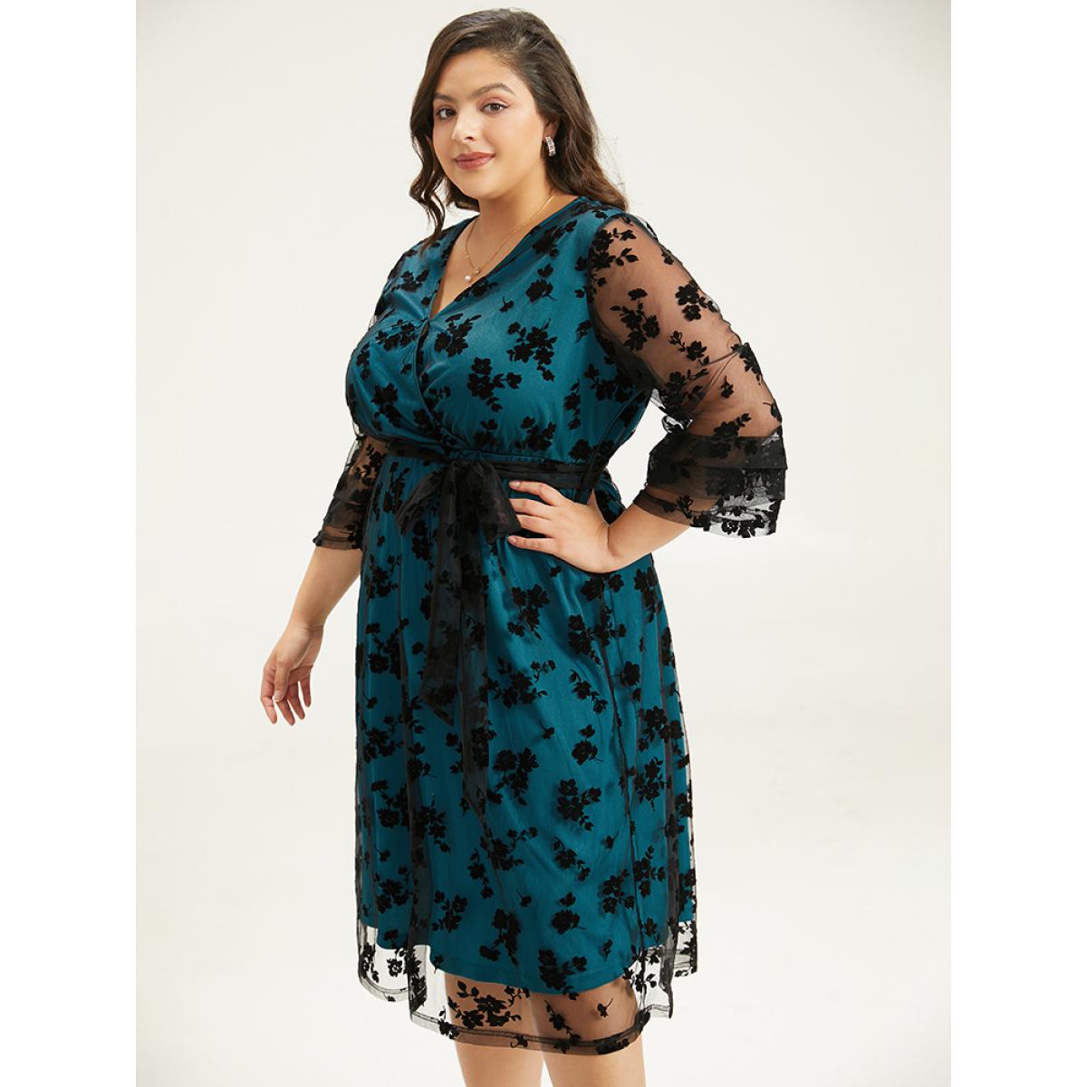 Plus Size Flocking Floral Crochet Lace Mesh Belted Dress Black Women Glamour Wrap Overlap Collar Elbow-length sleeve Curvy Midi Dress BloomChic 12/L Product Image