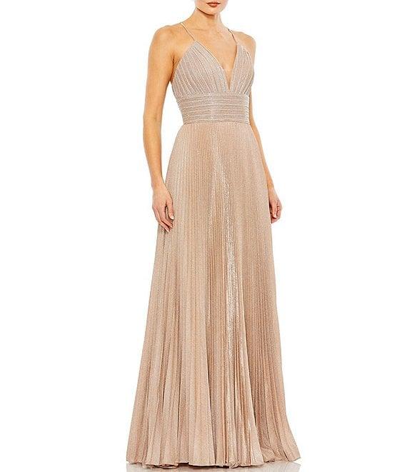 Mac Duggal Metallic Pleated Deep V-Neck Crisscross Back Detail Sleeveless Gown Product Image