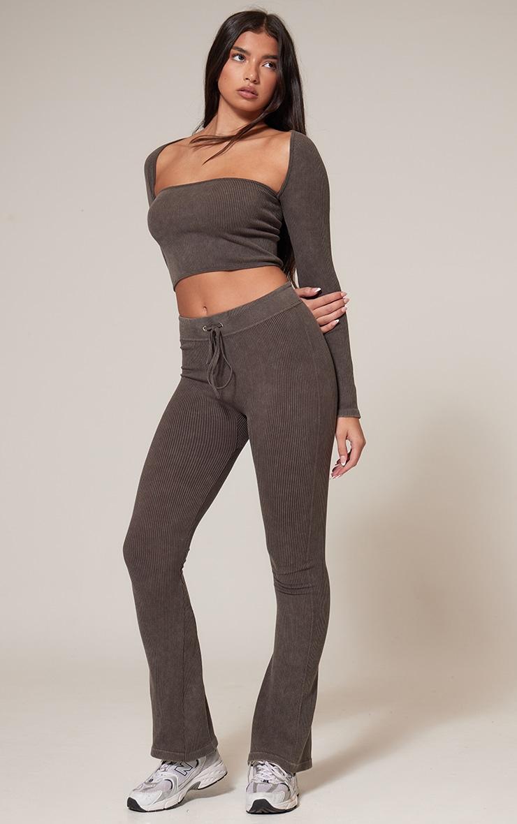 Chocolate Faded Snatched Rib Sleeve Detail Crop Top Product Image