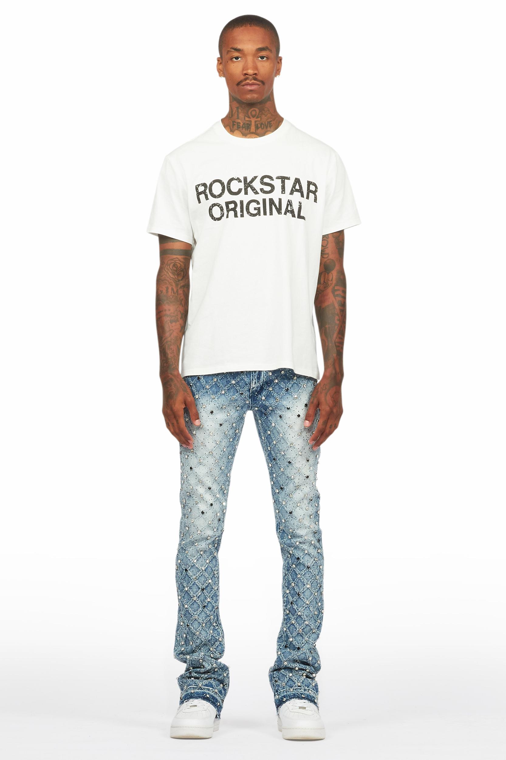 Glit Dark Blue Rhinestone Stacked Flare Jean Male Product Image