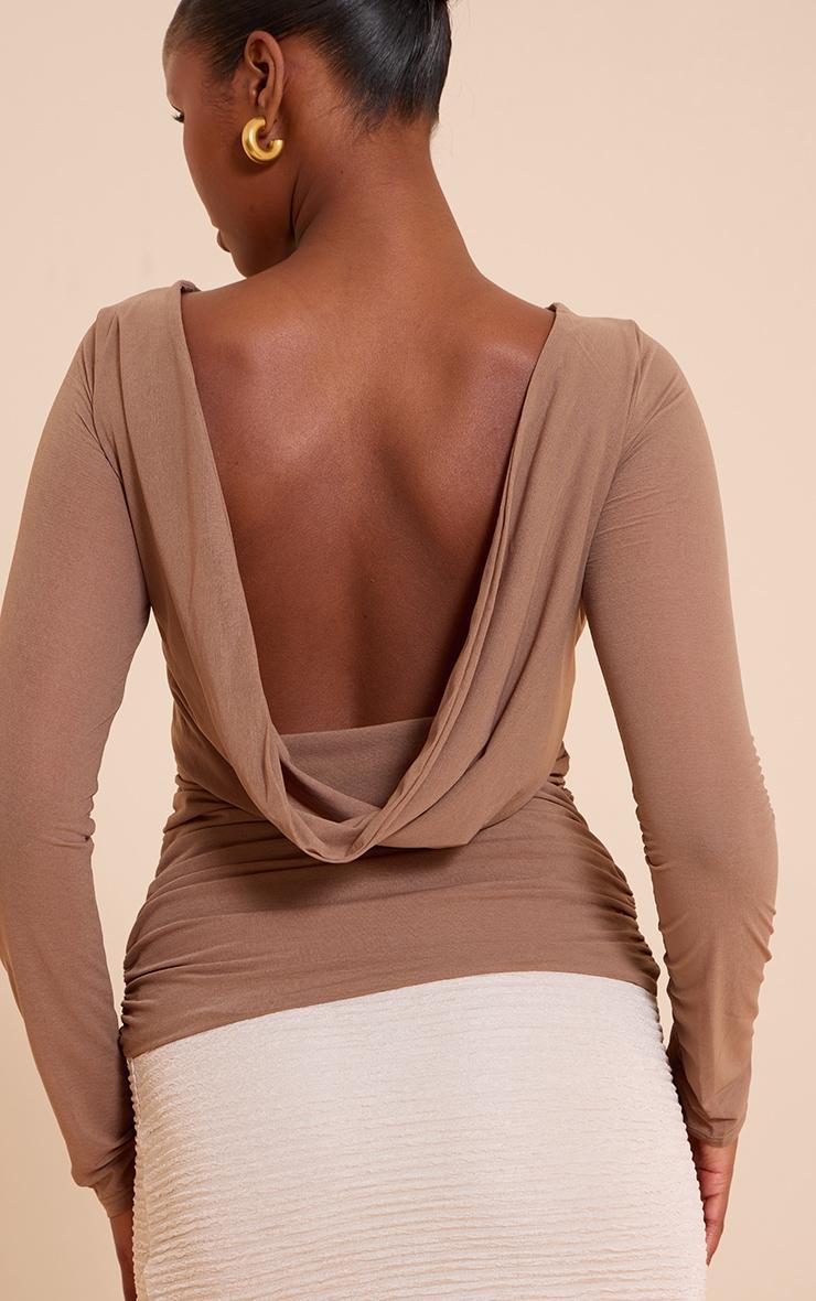 Mocha Stretch Chiffon Cowl Back Long Sleeve Top Product Image
