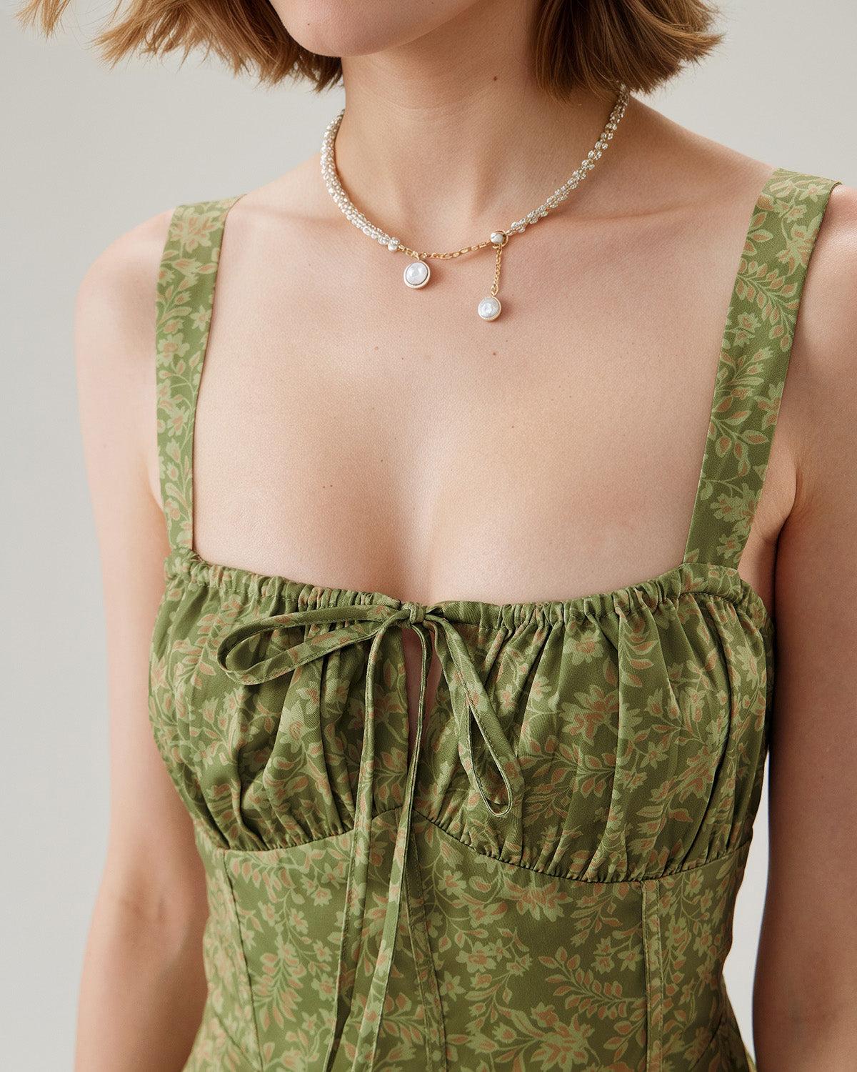 Green Floral Ruched Slip Mini Dress Product Image