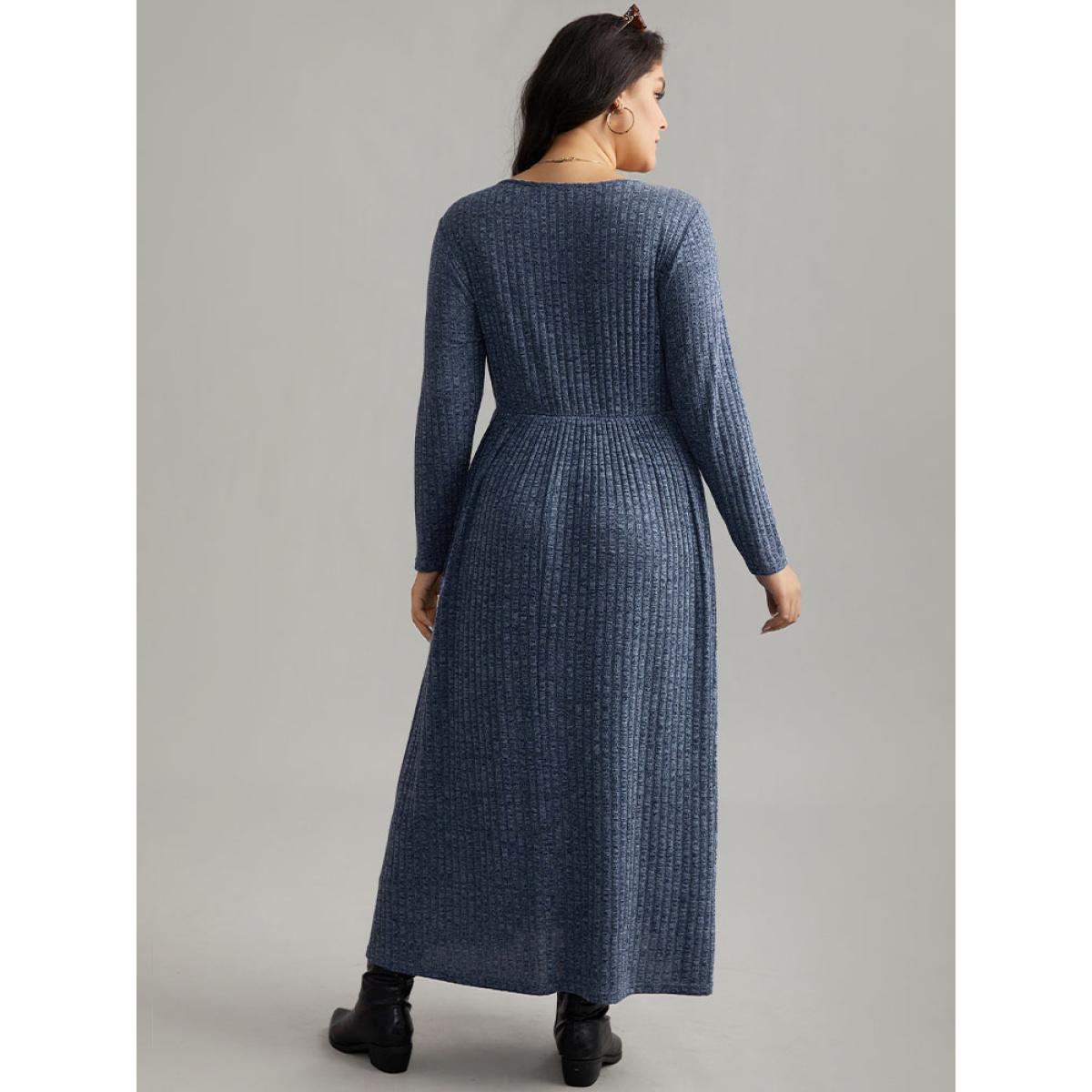 Plus Size Solid Rib Knit Overlap Collar Pocket Dress Indigo Women Casual Texture Overlap Collar Long Sleeve Curvy Midi Dress BloomChic 14-16/1X Product Image