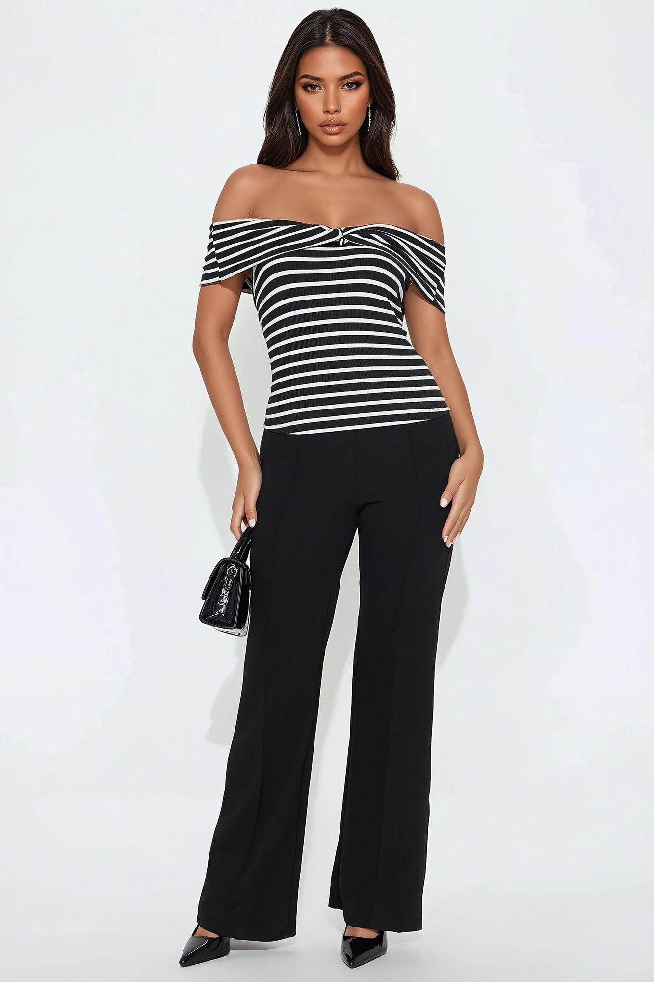 Arianna Off Shoulder Striped Crop Top - Black/White Product Image