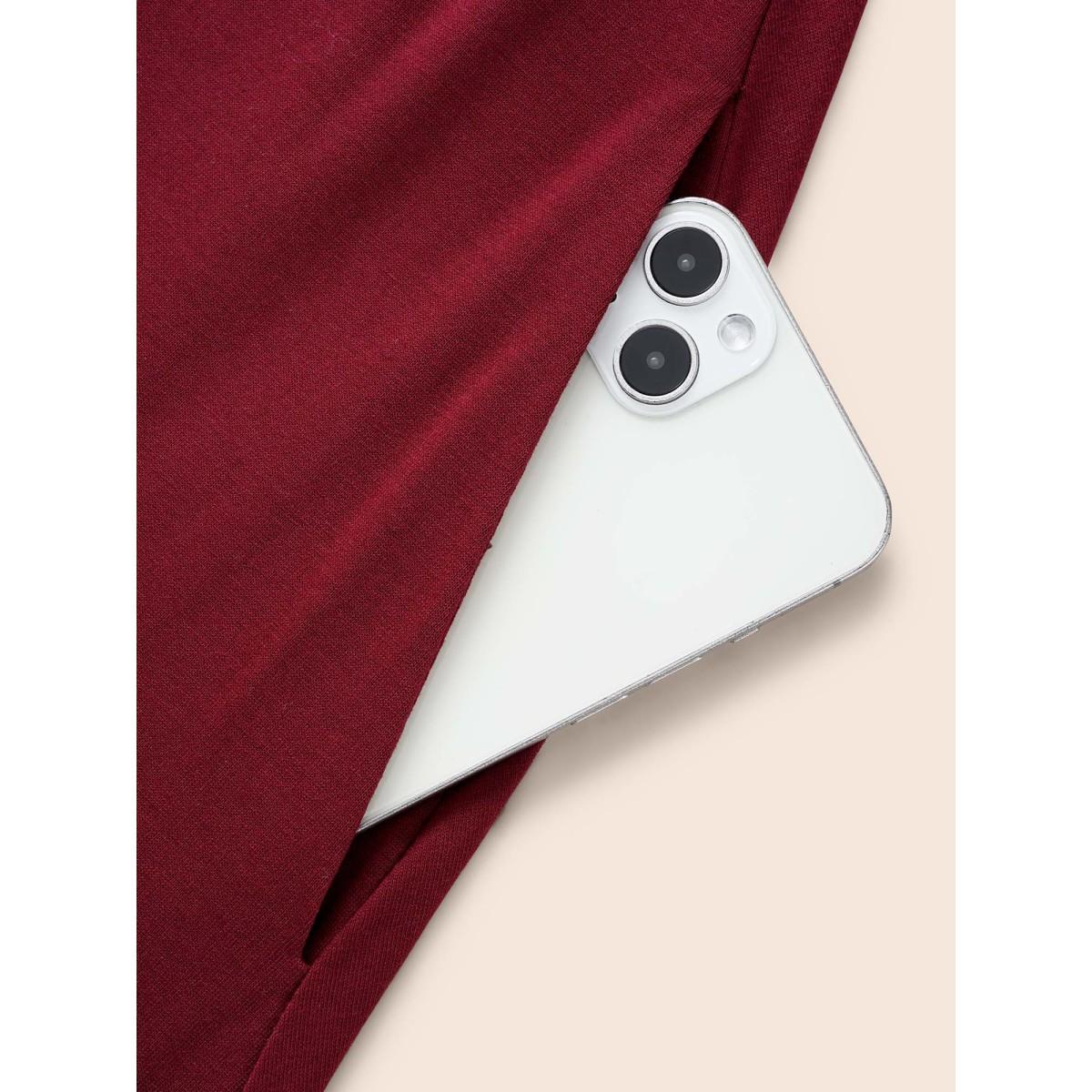 Plus Size Solid V Neck Elastic Waist Midi Dress Burgundy Women Casual Non V-neck Elbow-length sleeve Curvy BloomChic 10/M Product Image