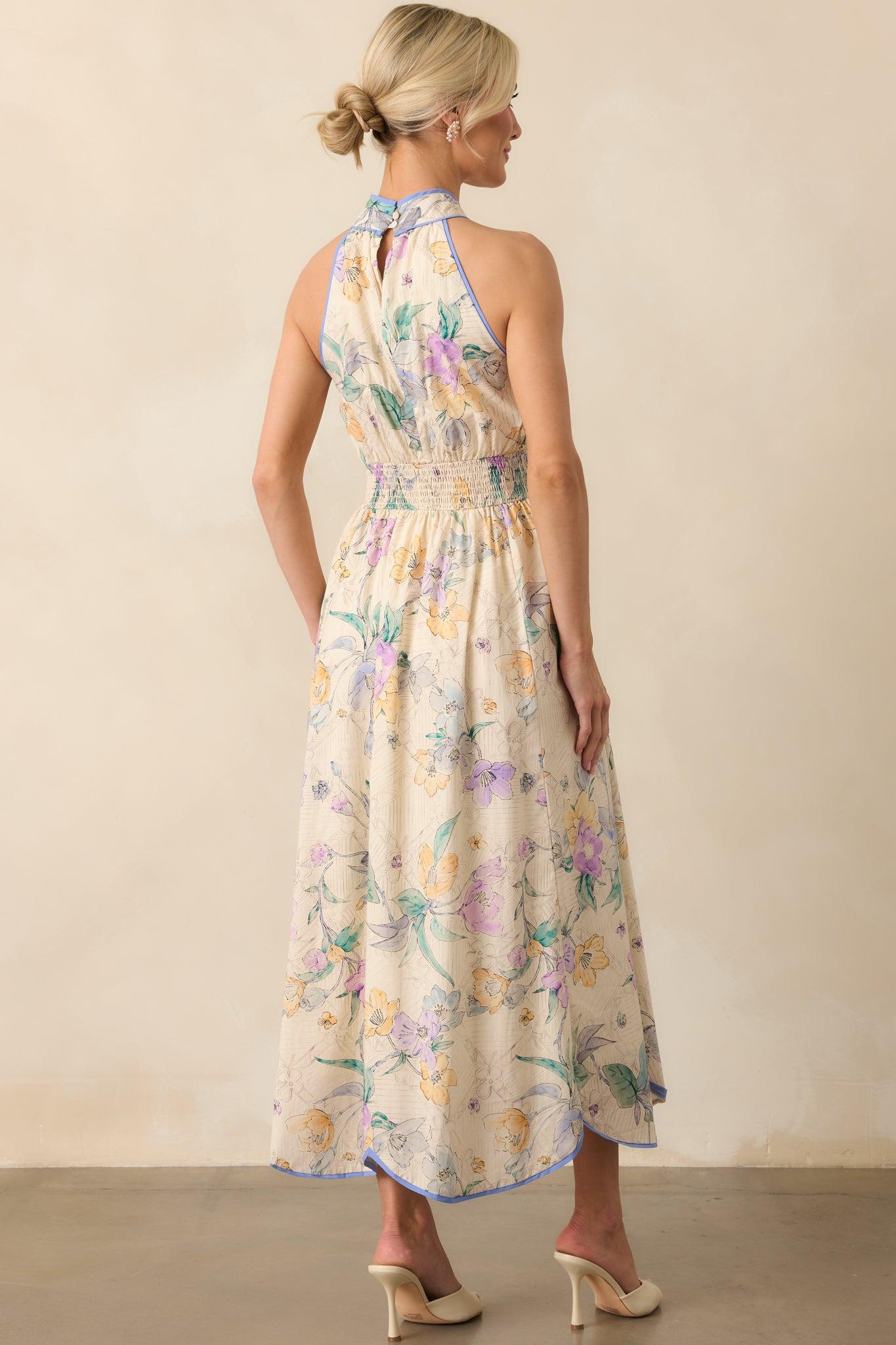 Color Outside The Lines Ivory Floral Print Cotton Halter Maxi Dress Product Image
