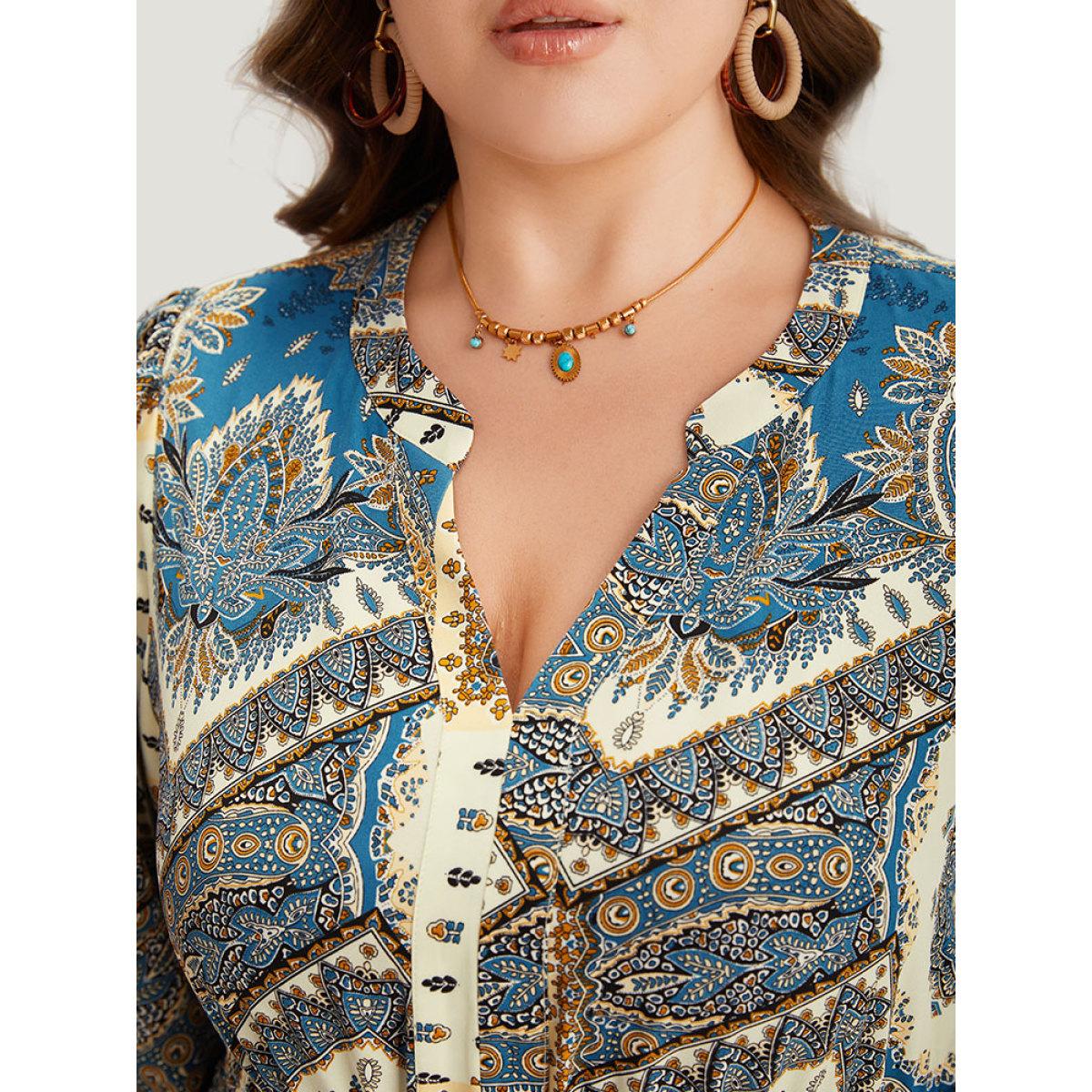 Plus Size Bandana Print Notched Lantern Sleeve Dress Cerulean Women Vacation Elastic cuffs Notched collar Elbow-length sleeve Curvy Midi Dress BloomChic 26/4X Product Image