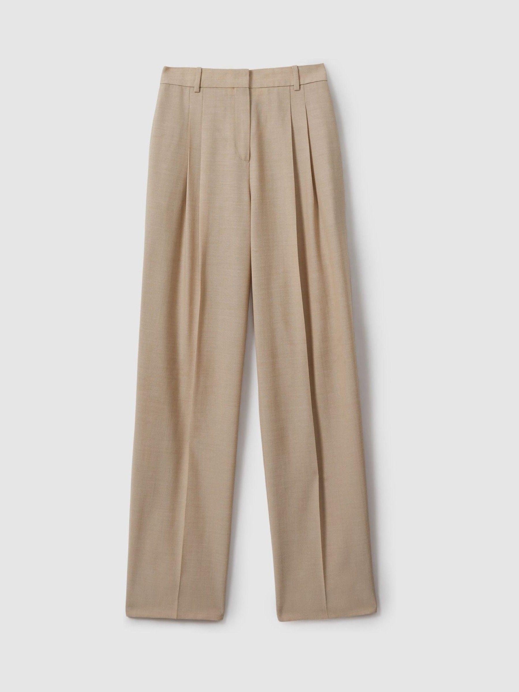 Wool Pleat Front Wide Leg Suit Trousers in Neutral Product Image