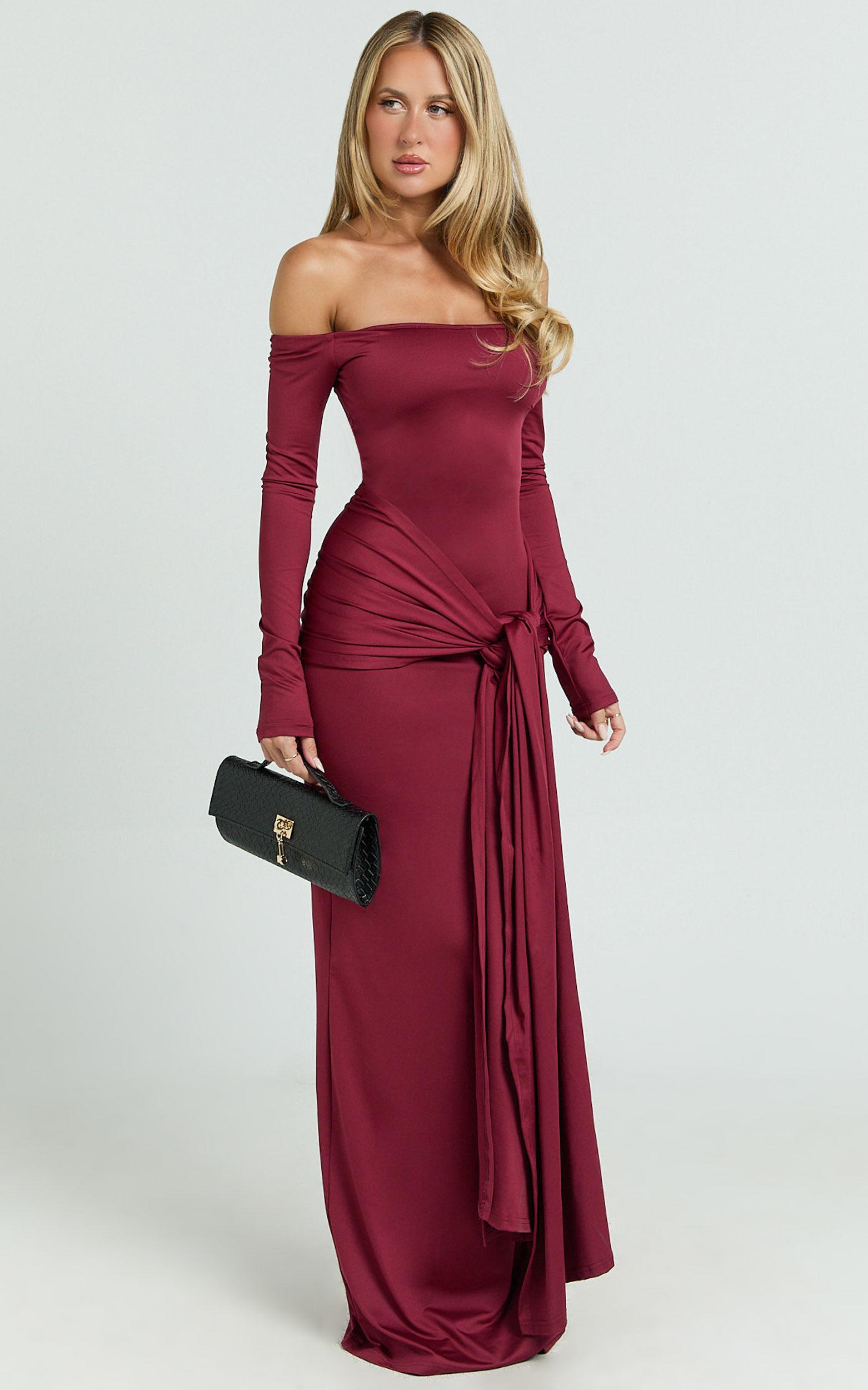 Judith Maxi Dress - Boat Neck Backless Tie Front Long Sleeve Jersey Dress in Wine Product Image