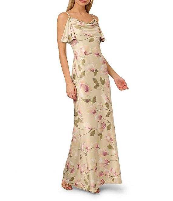 Adrianna by Adrianna Papell Satin Floral Print Cowl Neck Sleeveless Long Dress Product Image