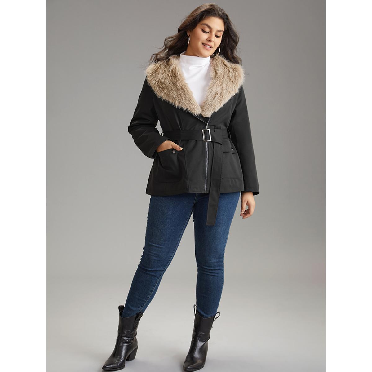 Plus Size Fuzzy Trim Patchwork Zipper Belted Lapel Collar Coat Women Black Casual Lined Ladies Dailywear Winter Coats BloomChic 12/L Product Image