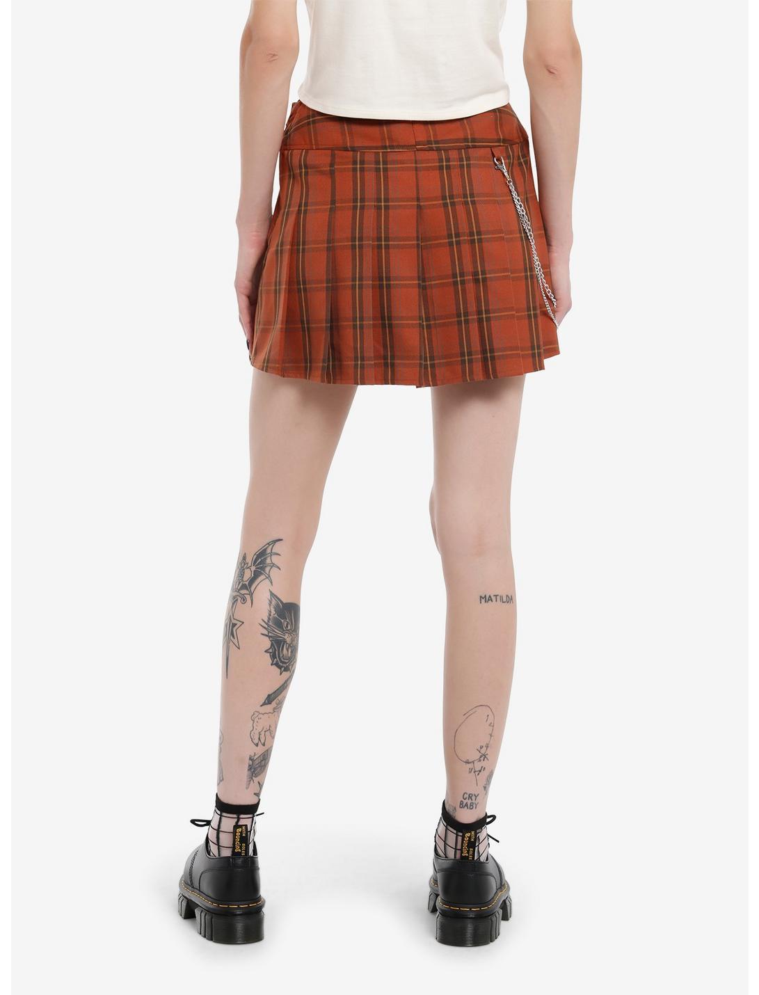 Thorn & Fable Orange Plaid Side Chain Belted Skirt Product Image