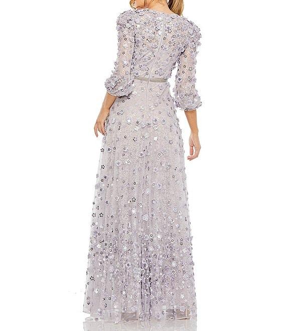 Mac Duggal Sequin Floral Applique Illusion Crew Neck 3/4 Sleeve Gown Product Image