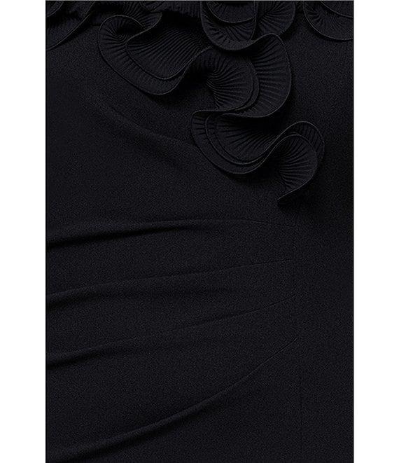 Xscape Plus Size Scuba Crepe V-Neck Sleeveless Wire Ruffle Trim Ruched Back Midi Dress Product Image