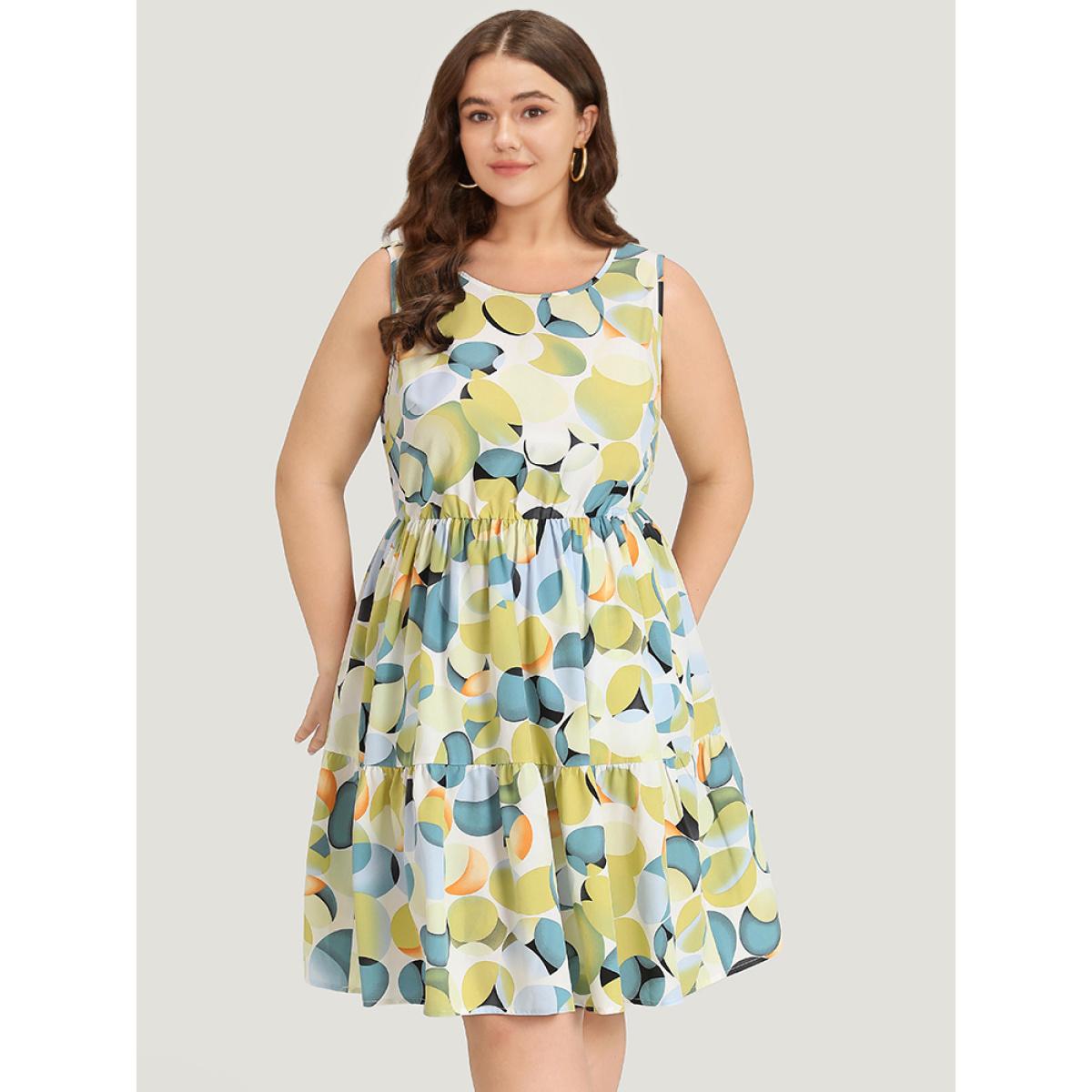 Plus Size Geometric Print Pocket Ruffle Layered Hem Sleeveless Dress YellowGreen Women Elegant Lined Round Neck Sleeveless Curvy Knee Dress BloomChic 14-16/1X Product Image