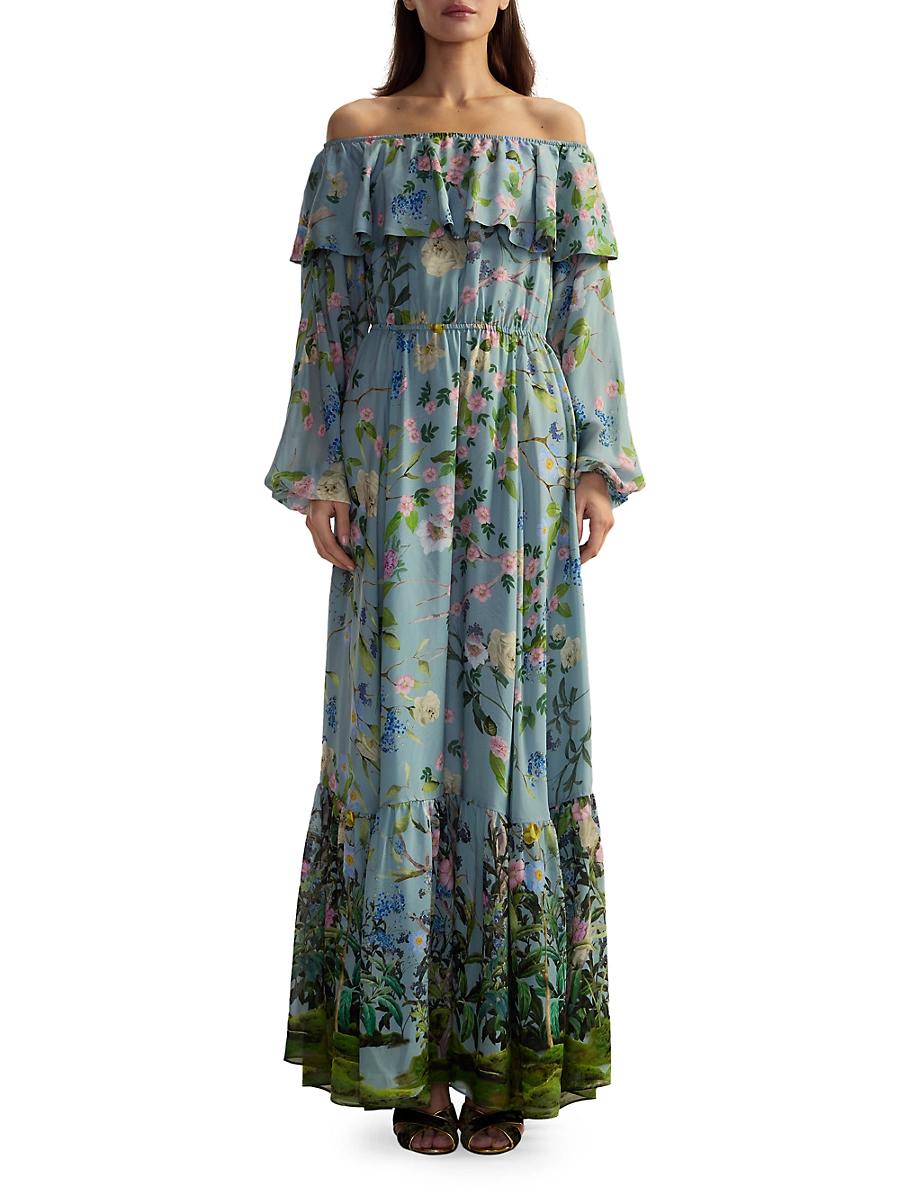 Womens Floral Silk Off-The-Shoulder Maxi Dress Product Image