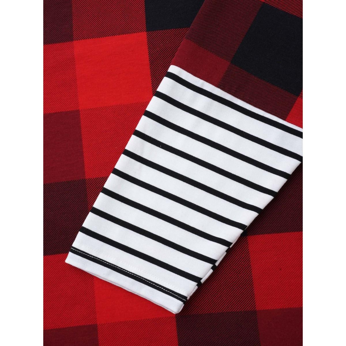 Plus Size Plaid Hooded Drawstring Straight Fit Tee Brightred Women Casual Contrast Hooded Everyday T-shirts BloomChic 10/M Product Image