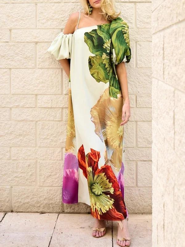 A-Line Loose Elasticity Flower Print One-Shoulder Maxi Dresses Product Image