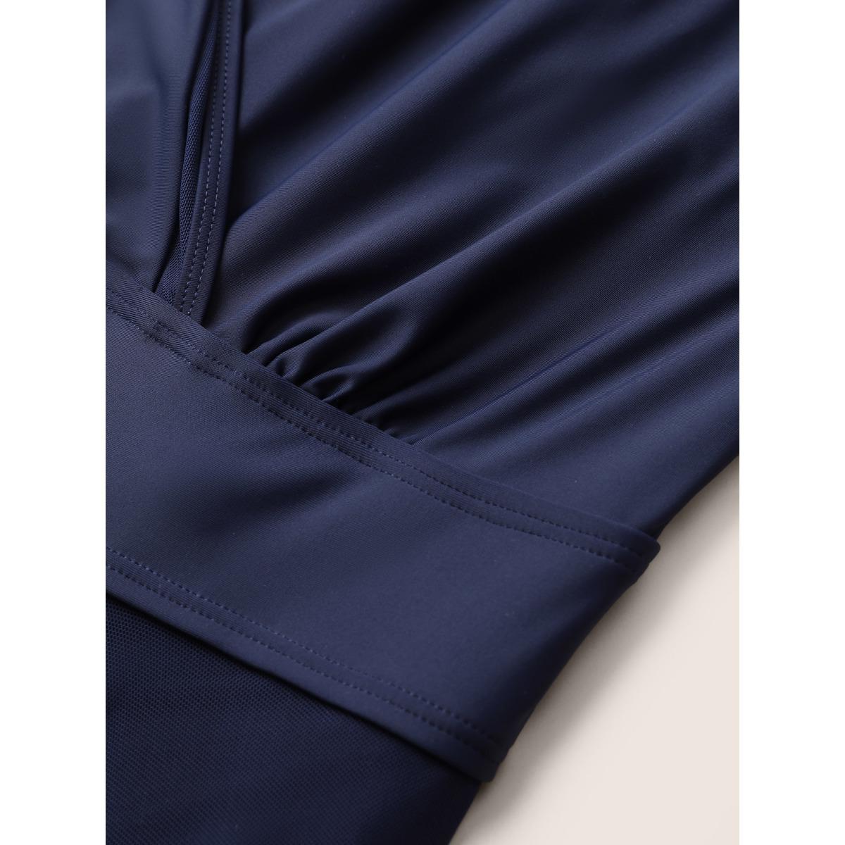 Plus Size Overlap Collar Mesh Patchwork Flutter Hem Swim Dress Women's Swimwear Indigo Beach Skinny V-neck High stretch Curve Swim Dresses BloomChic 28/5X Product Image