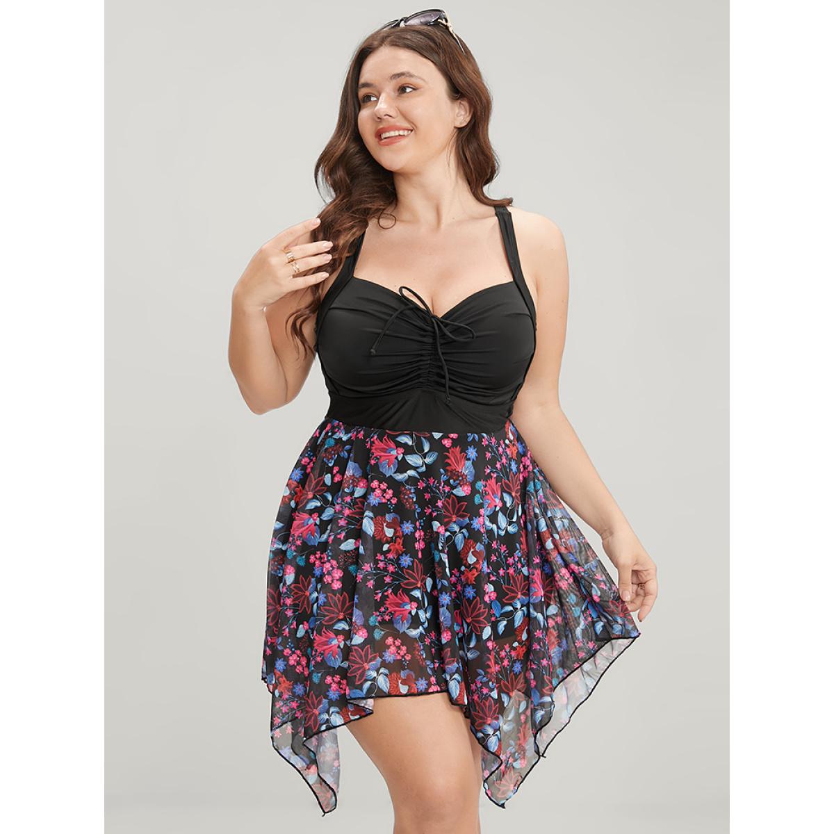 Mesh Adjustable Straps Plus Size Women Tropical Swim Dress Very Stretchy Bodycon Sleeveless V Neck Vacation Swim Dresses BloomChic Product Image