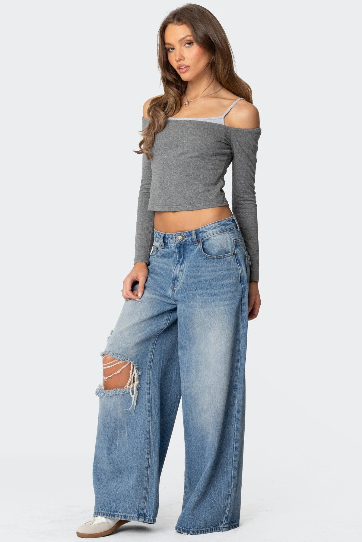 Off Shoulder Layered Long Sleeve T Shirt Product Image