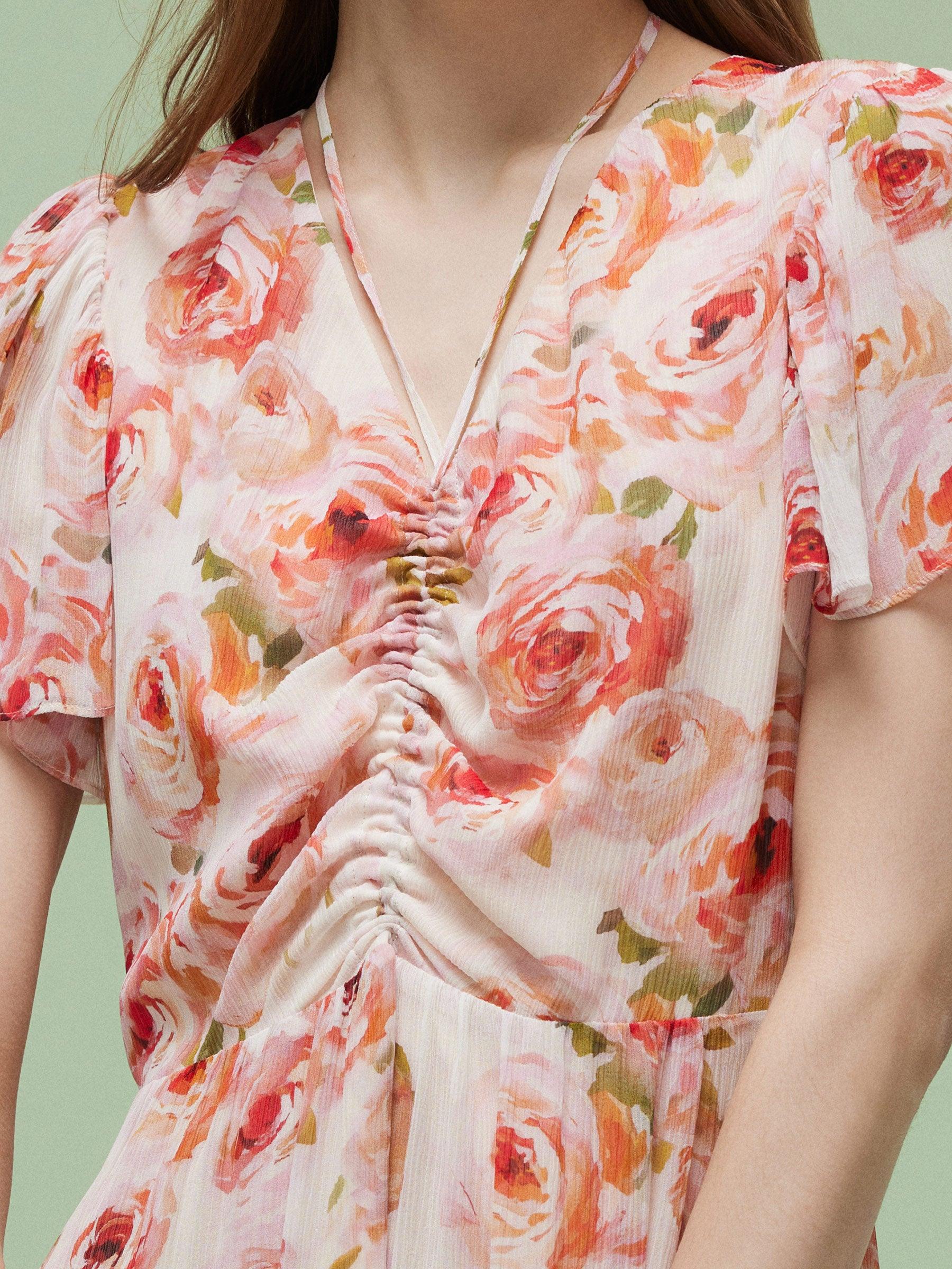 10MM Mulberry Silk Rose Print Smocked Drawstring Front Women Maxi Dres Product Image