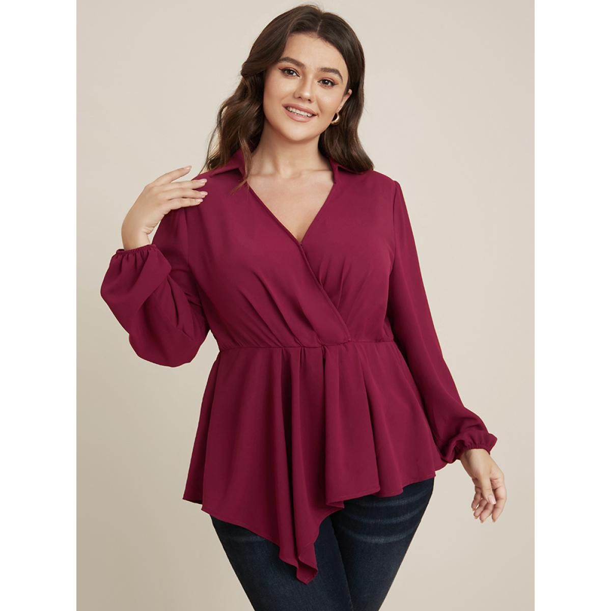 Plus Size Scarlet Solid Lantern Sleeve Surplice Neck Asymmetrical Hem Blouse Women Office Long Sleeve V-neck Office Blouses BloomChic 14-16/1X Product Image