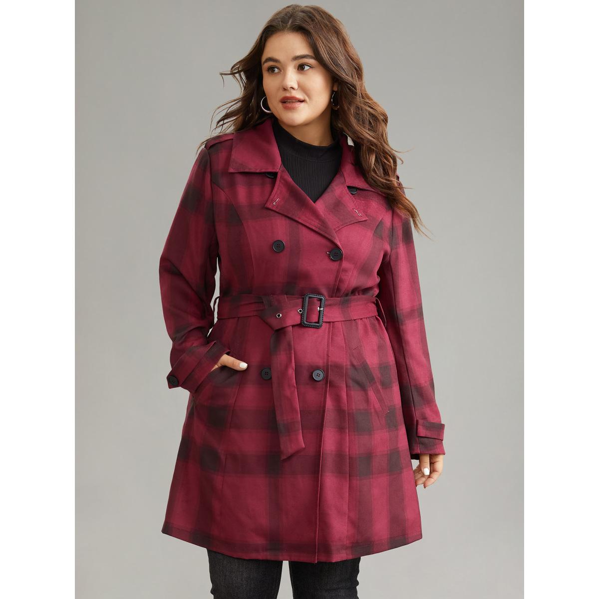 Plus Size Lapel Collar Plaid Belted Double Breasted Coat Women Scarlet Elegant Lined Ladies Dailywear Winter Coats BloomChic 10/M Product Image