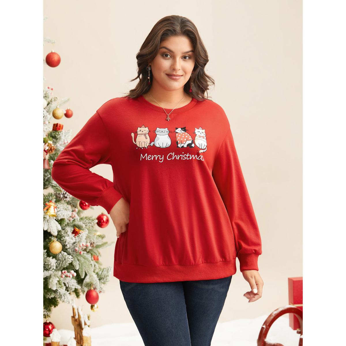 Plus Size Festive Cats Print Relaxed Fit Sweatshirt Women Brightred Casual Non Round Neck Everyday Sweatshirts BloomChic 10/M Product Image