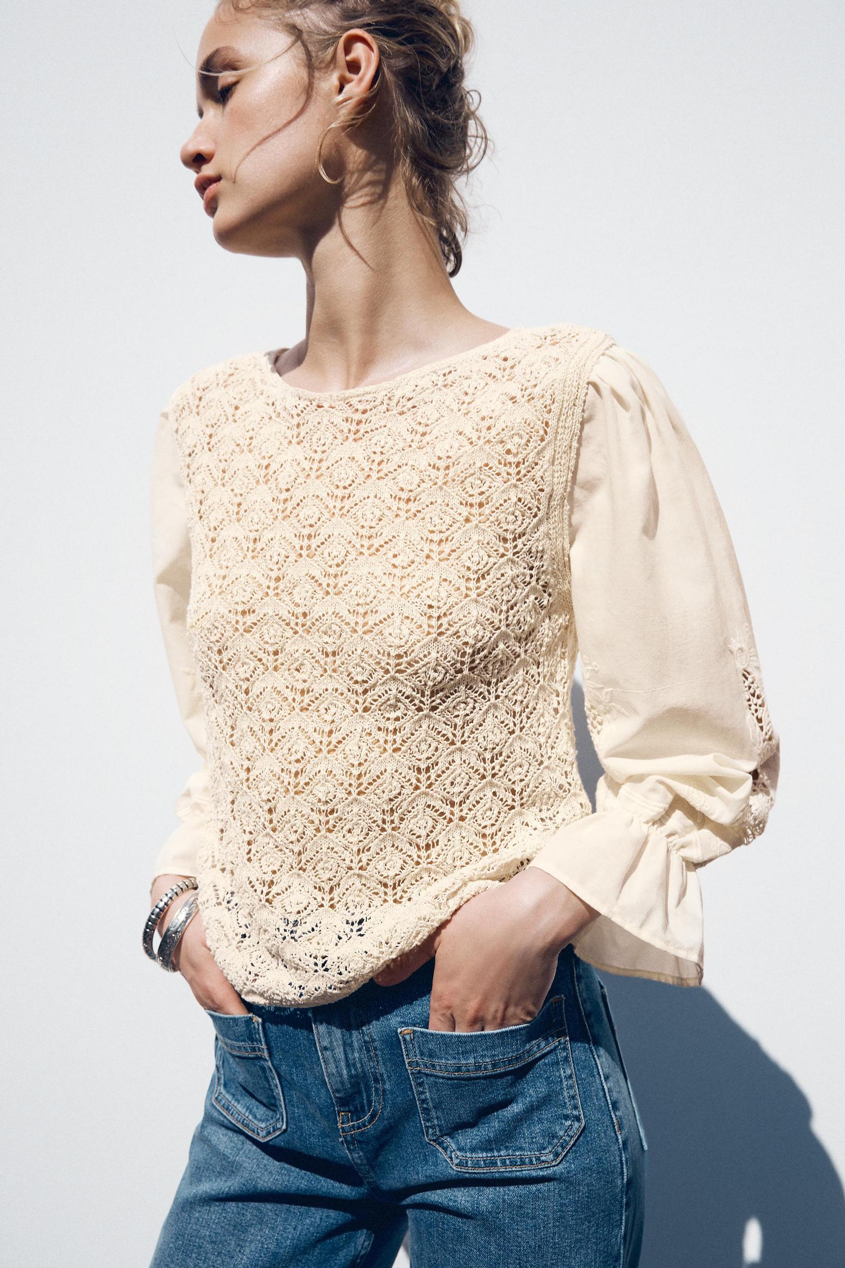 POINTELLE KNIT SWEATER WITH CONTRASTING SLEEVES Product Image