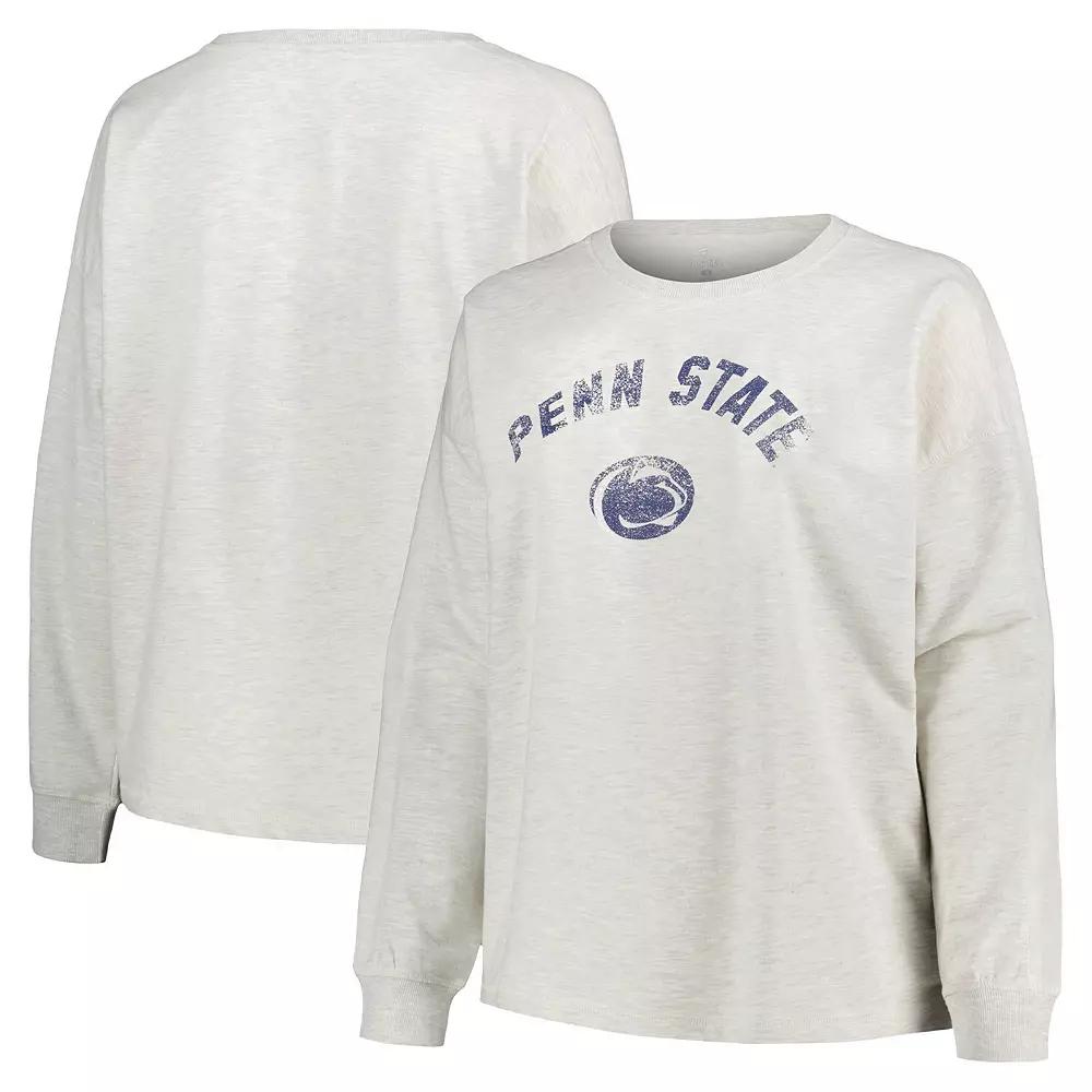 Women's Profile Oatmeal Penn State Nittany Lions Plus Size Distressed Arch Over Logo Neutral Boxy Pullover Sweatshirt, Size: 3XL, Team Product Image