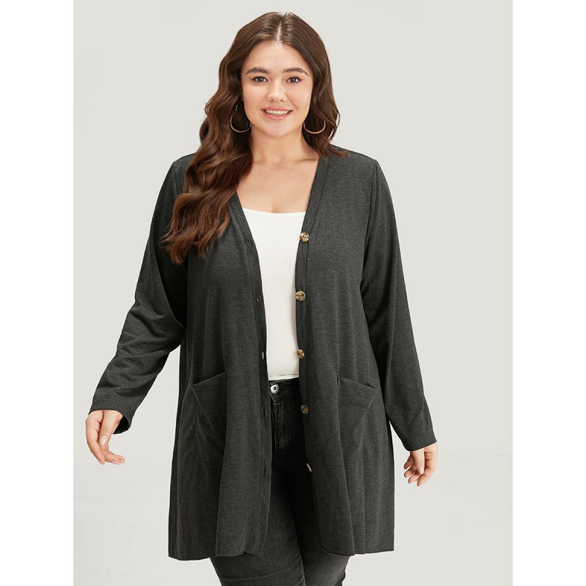 Plus Size Halloween Plain Pocket Asymmetrical Hem Coat Women DimGray Casual Plain Ladies Dailywear Winter Coats BloomChic 12/L Product Image