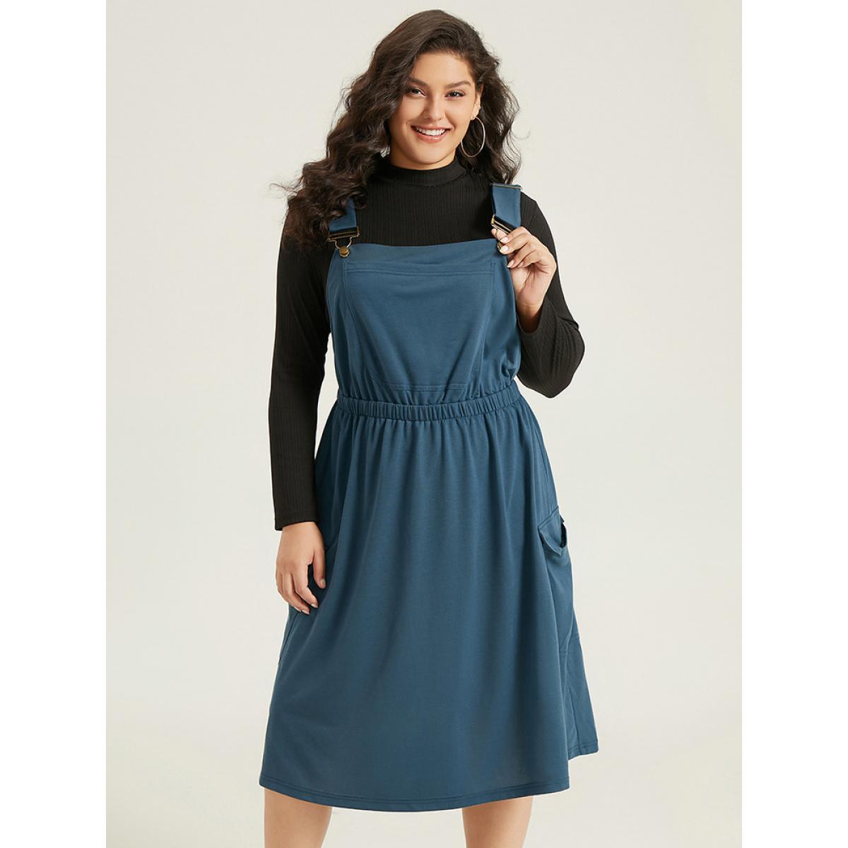 Plus Size Solid Adjustable Straps Elastic Waist Dress Indigo Women Casual Adjustable Straps Spaghetti Strap Sleeveless Curvy Midi Dress BloomChic 14-16/1X Product Image