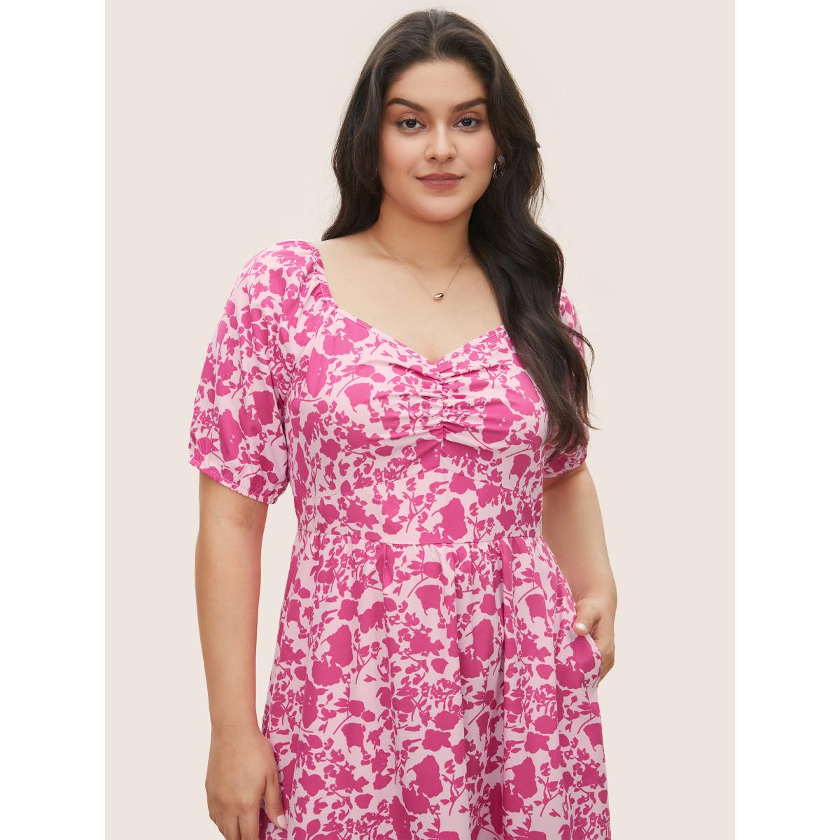 Plus Size Silhouette Floral Print Ruched Lantern Sleeve Dress Watermelon Women Elegant Gathered Square Neck Short sleeve Curvy Midi Dress BloomChic 18-20/2X Product Image