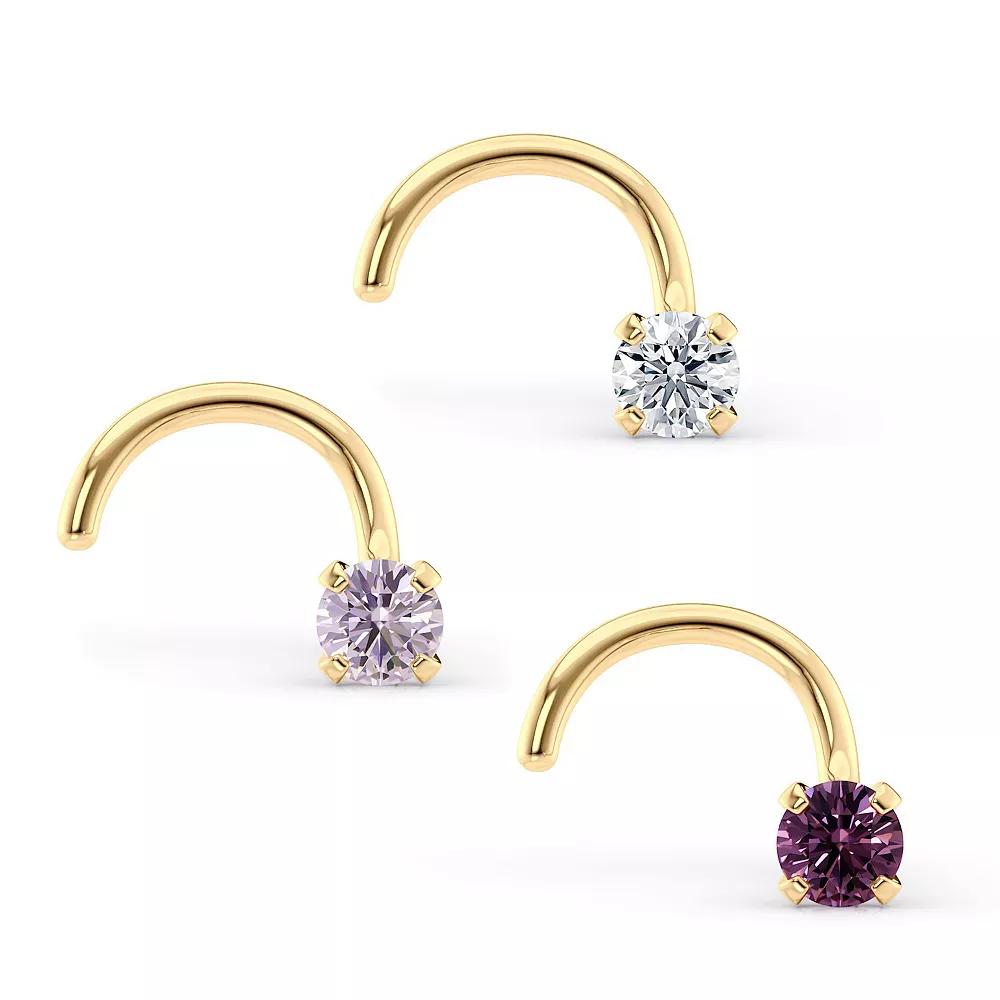 Lila Moon 14k Gold Purple & White Cubic Zirconia Curved Nose Studs Trio, Women's, 14k White Gold Product Image