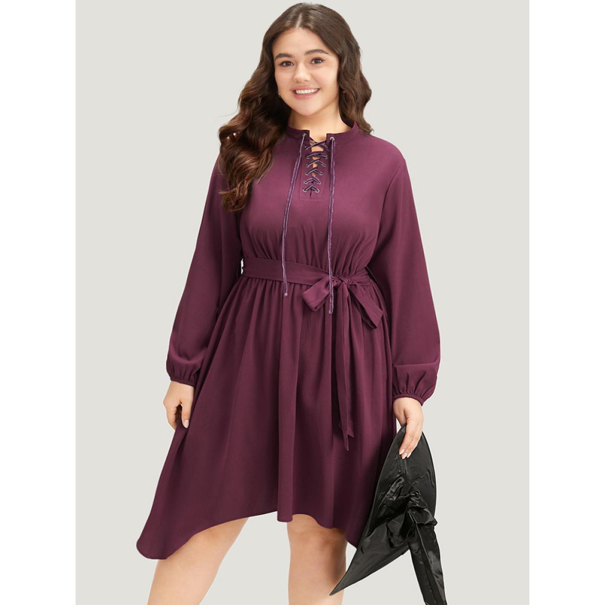 Plus Size Halloween Plain Lantern Sleeve Belted Lace Up Asymmetrical Hem Dress Purple Women Office Elastic cuffs Tie Neck Long Sleeve Curvy Knee Dress BloomChic 30/6X Product Image