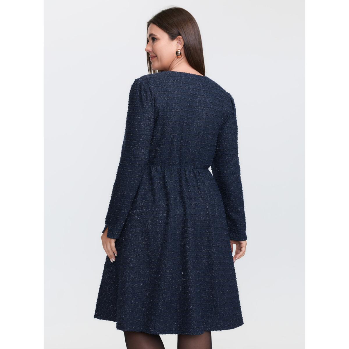 Plus Size Textured Square Neckline Button Midi Dress Indigo Women Office Square Neck Extra Long Sleeve Curvy BloomChic 22-24/3X Product Image
