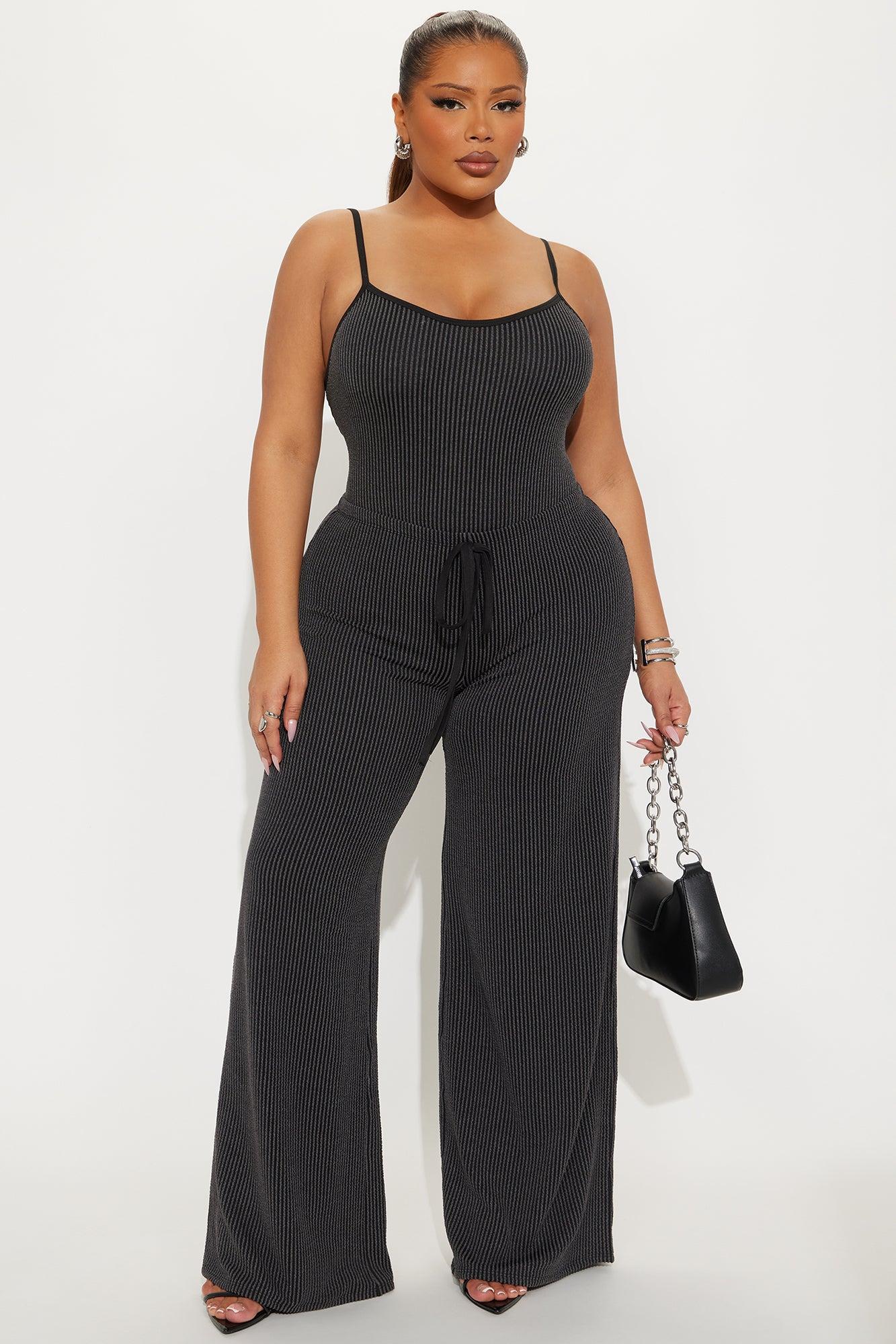 Paulette Ribbed Bodysuit Pant Set - Black Product Image
