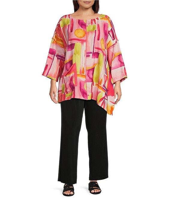 IC Collection Plus Size Woven Geo Print Boat Neck 3/4 Sleeves Asymmetrical Tunic Product Image