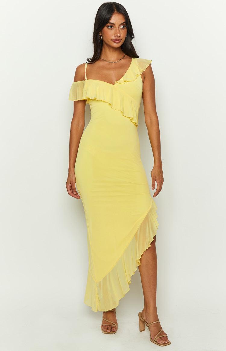 Everleene Yellow Ruffle Mesh Midi Dress Product Image