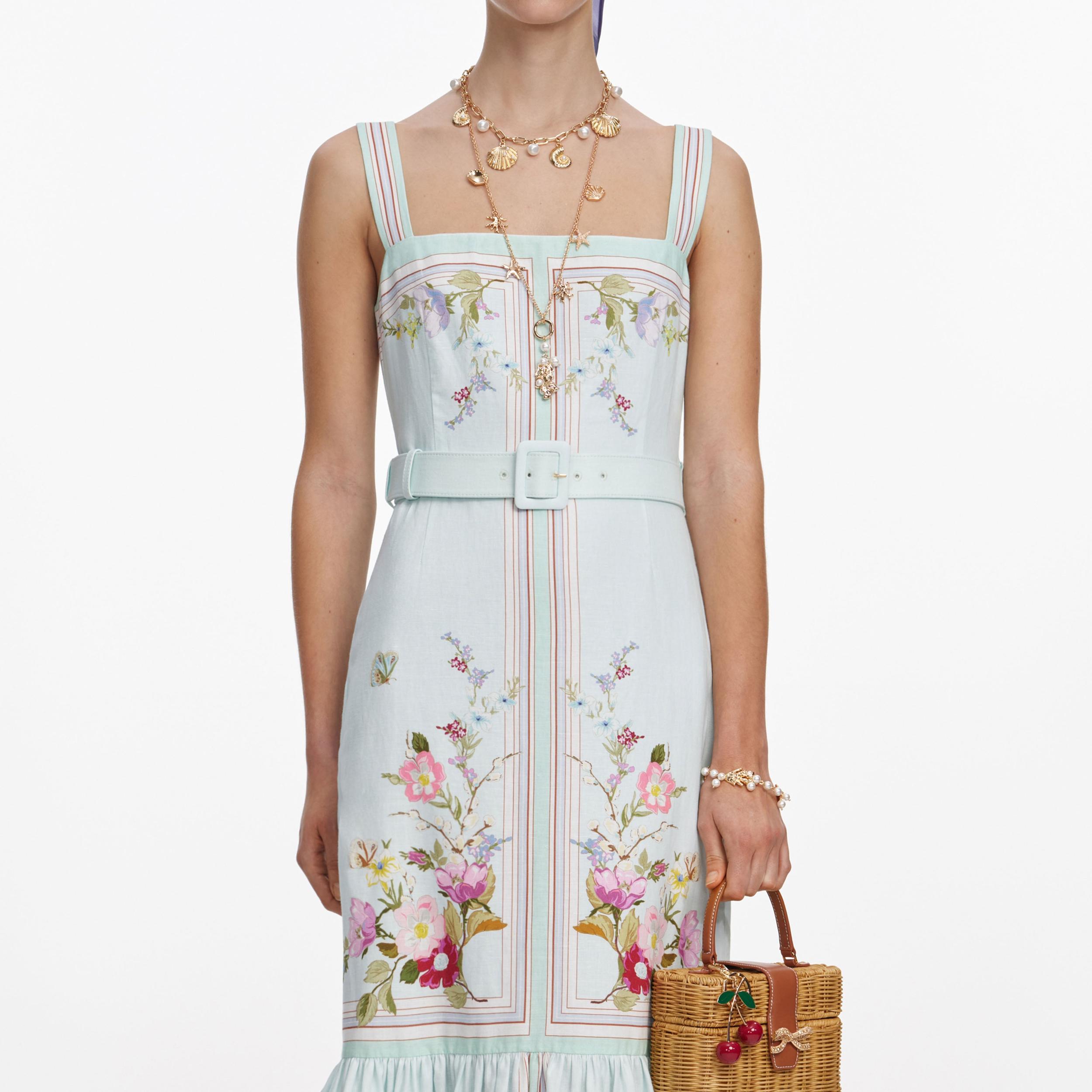 Mint Floral Linen Midi Dress Product Image