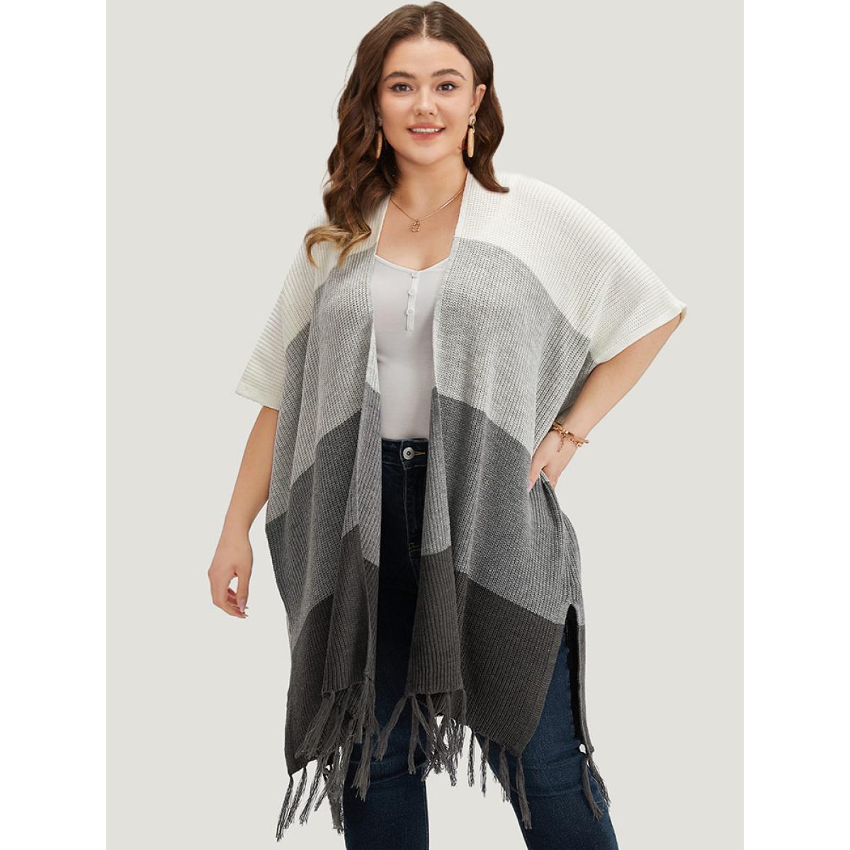 Plus Size Colorblock Fringe Trim Batwing Sleeve Split Side Cardigan Multicolor Women Casual Loose Short sleeve Dailywear Cardigans BloomChic 14-16/1X Product Image