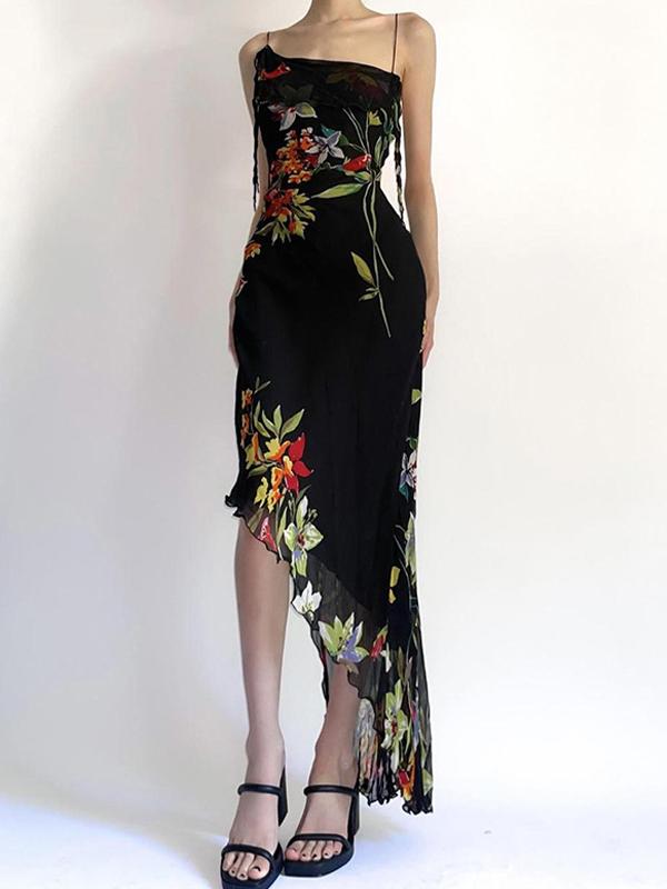 Floral Irregular Pleated Mesh Maxi Dress Product Image