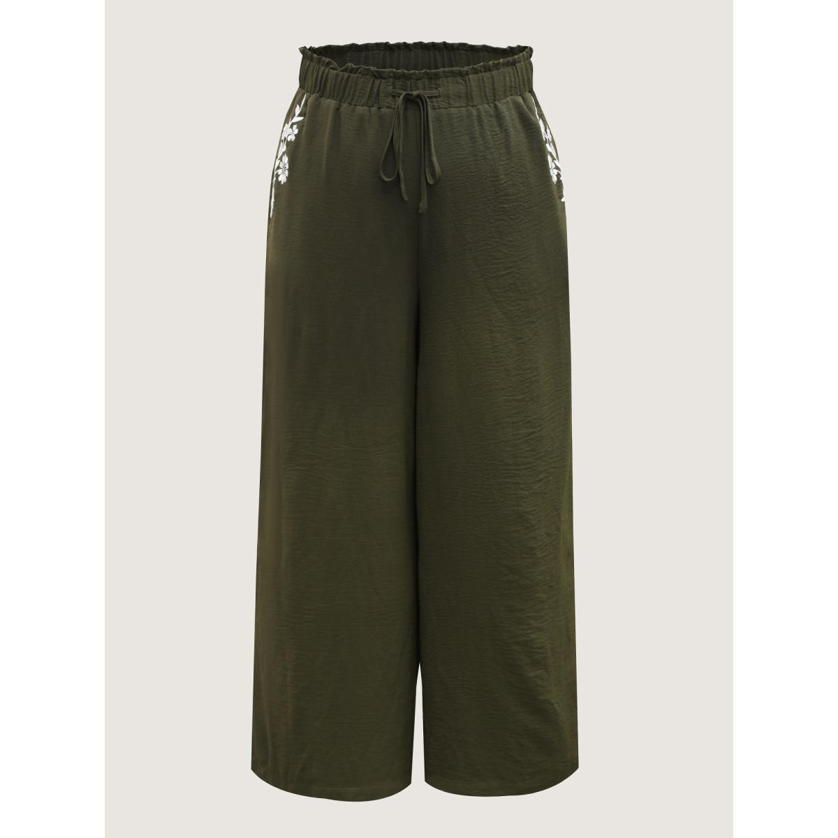 Plus Size Floral Embroidered Pockets Wide-Leg Pants Women ArmyGreen Casual Loose Mid Rise Casual Pants BloomChic 18-20/2X Product Image