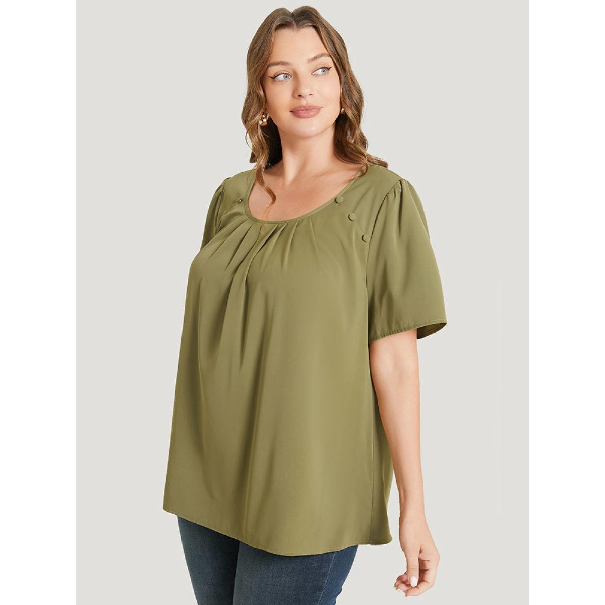 Plus Size SpringGreen Solid Pleated Button Detail Blouse Women Office Short sleeve Round Neck Office Blouses BloomChic 10/M Product Image